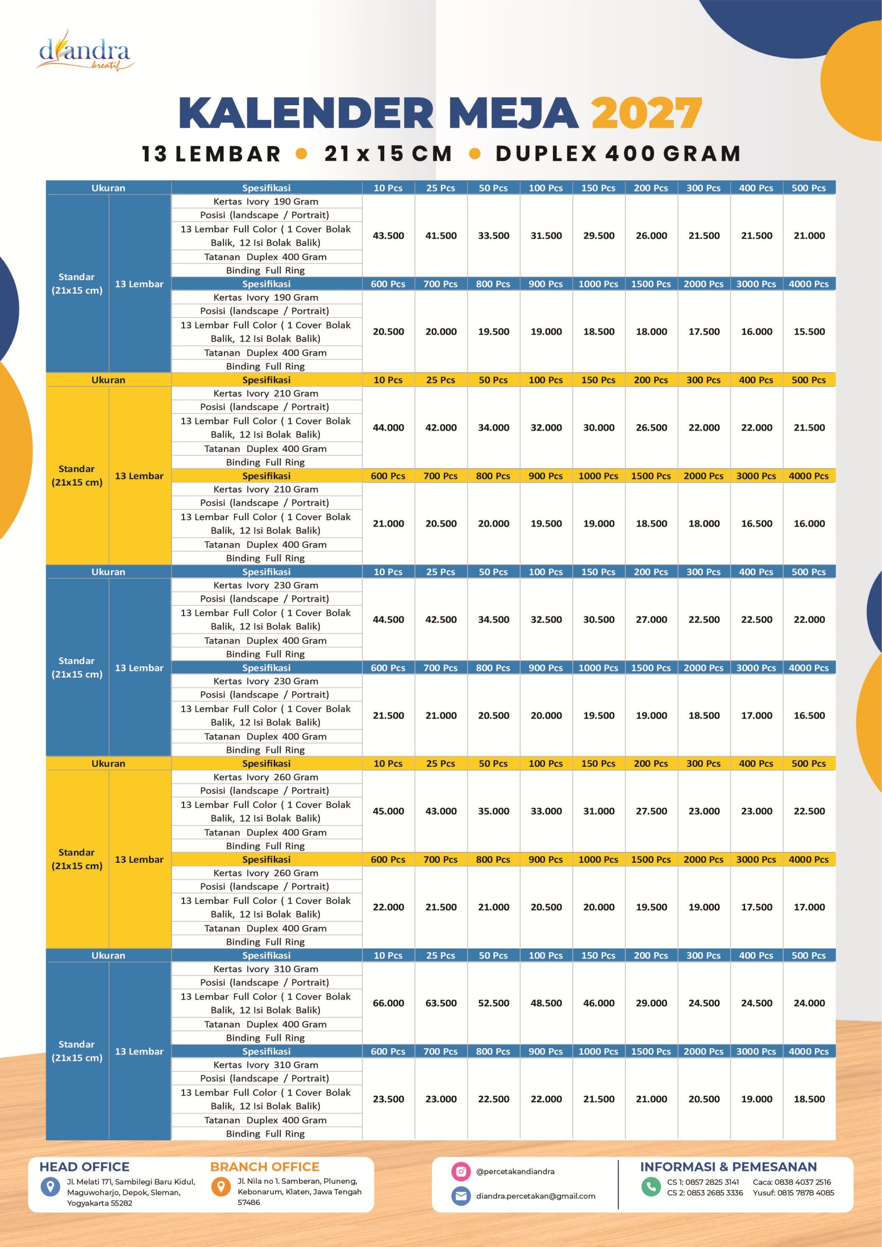 Cetak Kalender Meja Duplex 2027 - Percetakan Diandra #2