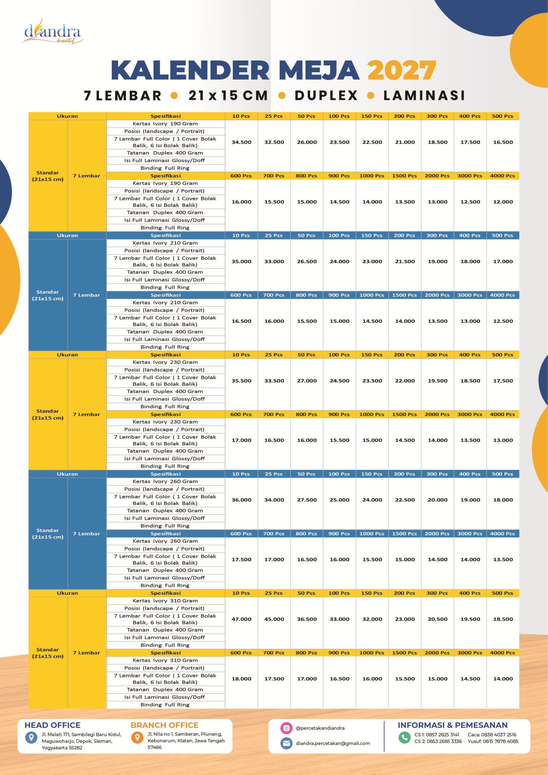 Cetak Kalender Meja Duplex Laminasi 2027 - Percetakan Diandra #1