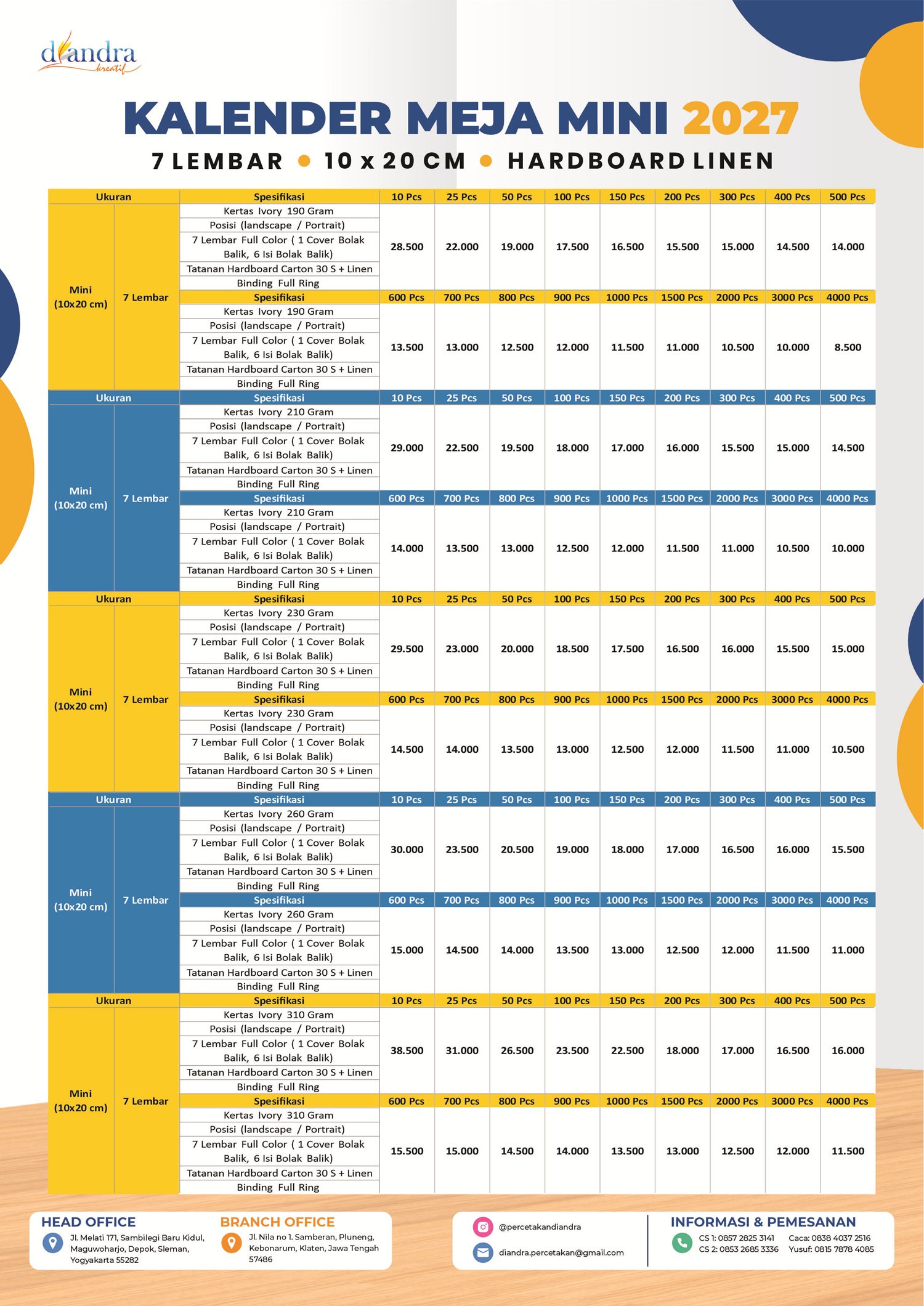 Cetak Kalender Meja Mini Hardboard 2027 - Percetakan Diandra #1