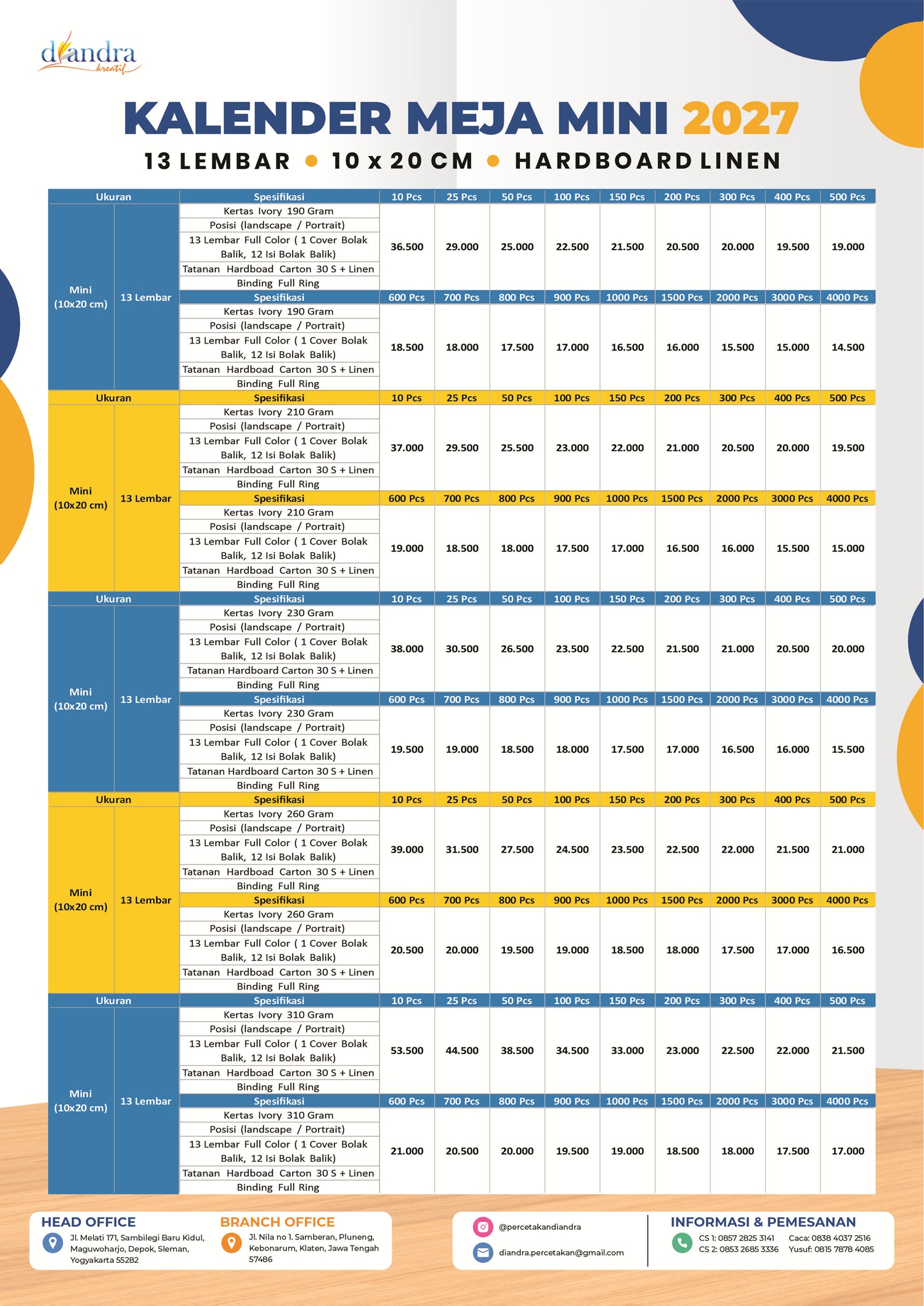 Cetak Kalender Meja Mini Hardboard 2027 - Percetakan Diandra #2