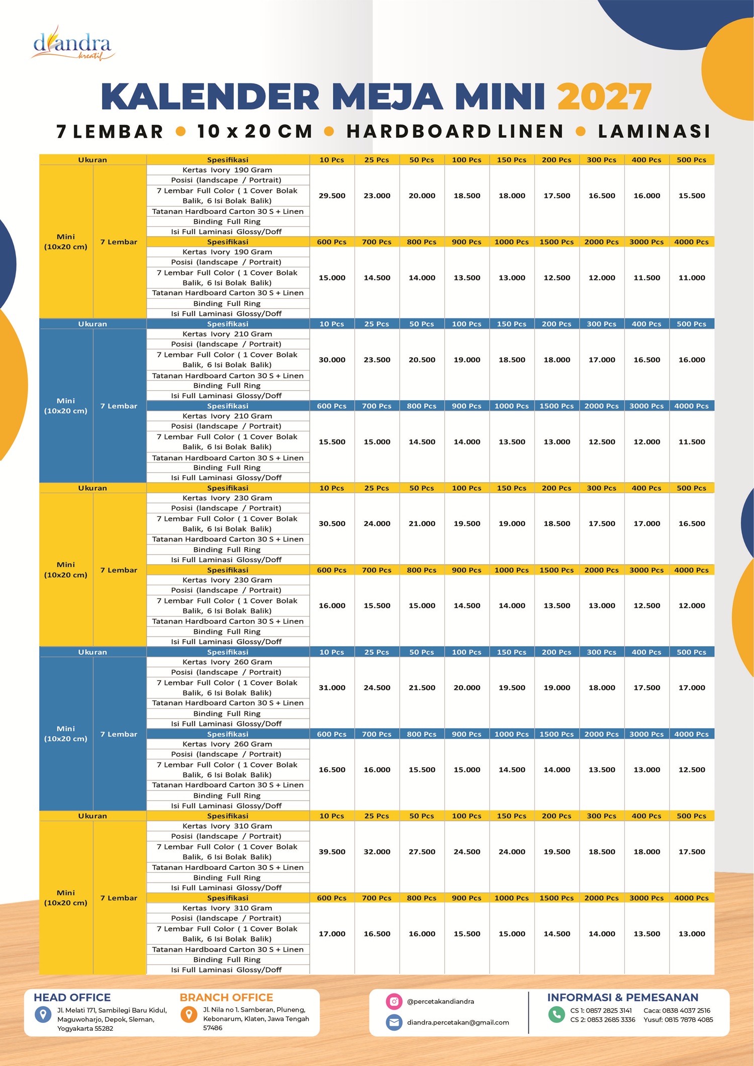 Cetak Kalender Meja Mini Hardboard Laminasi 2027 - Percetakan Diandra #1