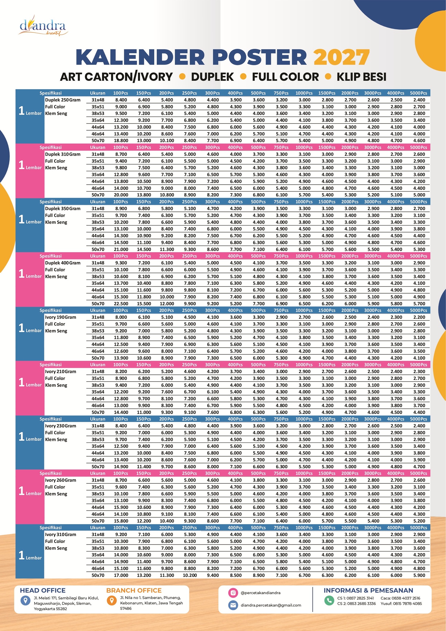 Price List Kalender Poster KLEM SENG 2027 - Percetakan Diandra Price List Kalender Poster KLEM SENG 2027 - Percetakan Diandra
