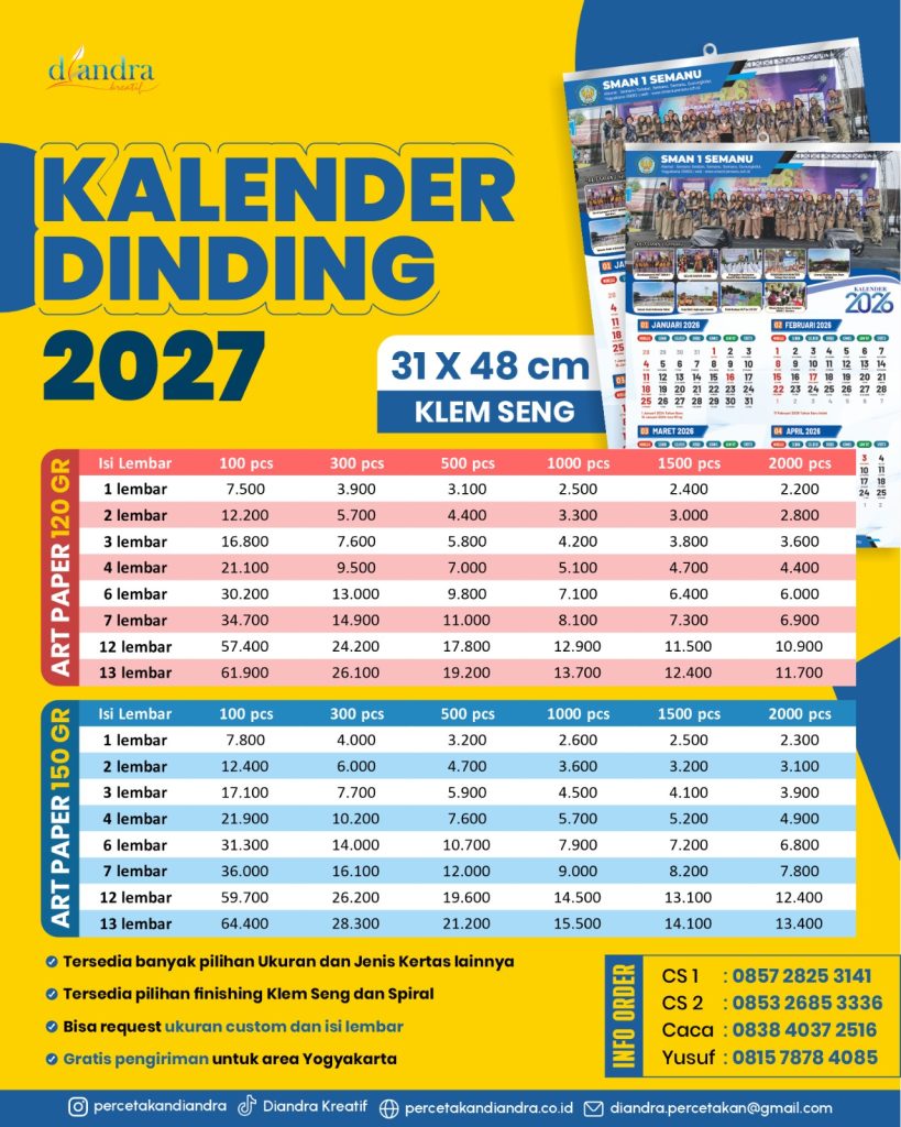Cetak Kalender Dinding 2027 Berkualitas & Harga Terjangkau di Percetakan Diandra