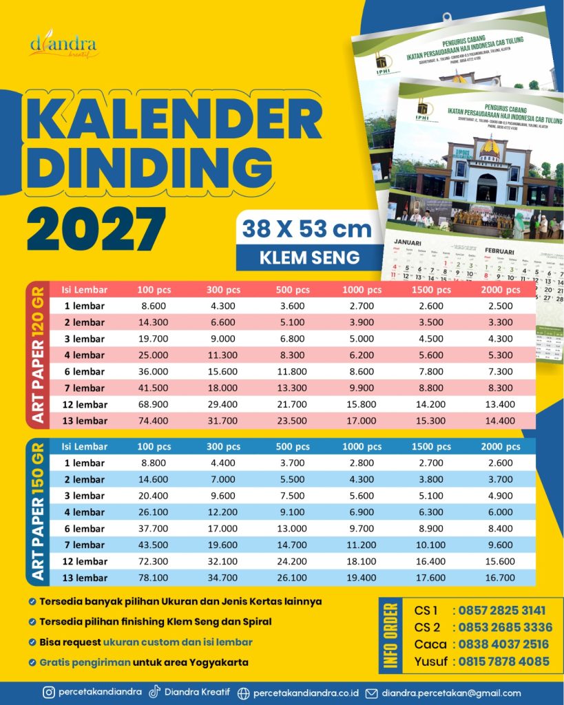 Cetak Kalender Dinding 2027 Berkualitas & Harga Terjangkau di Percetakan Diandra