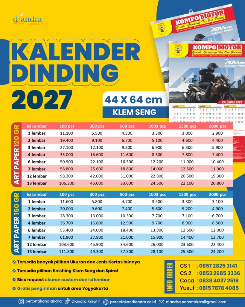 Cetak Kalender Dinding 2027 Berkualitas & Harga Terjangkau di Percetakan Diandra