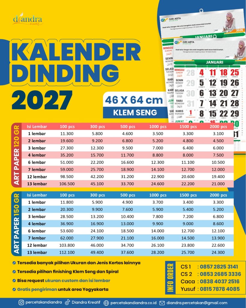 Cetak Kalender Dinding 2027 Berkualitas & Harga Terjangkau di Percetakan Diandra