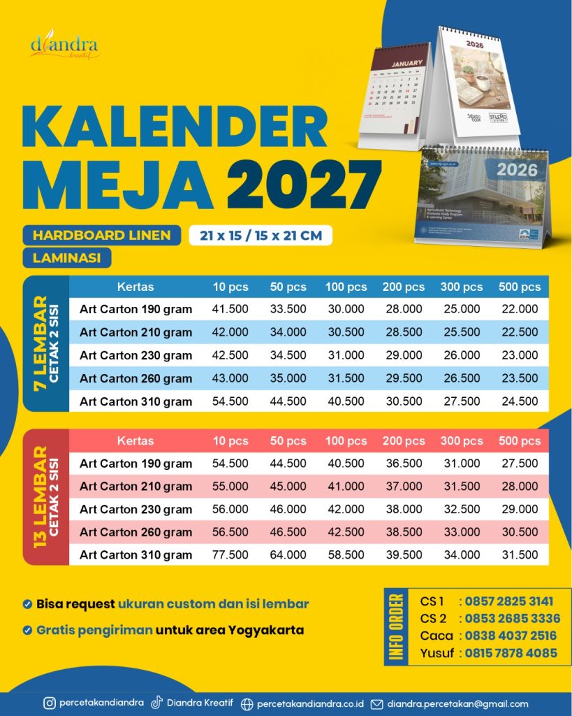 Cetak Kalender Dinding 2027 Berkualitas & Harga Terjangkau di Percetakan Diandra