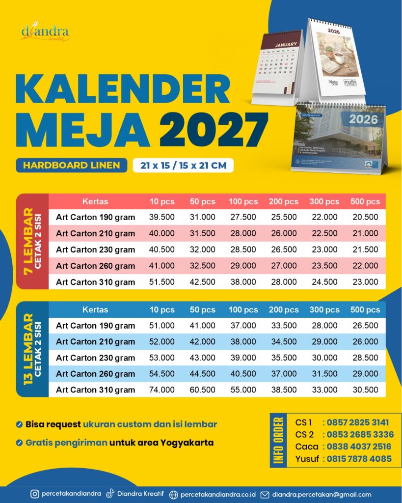 Cetak Kalender Dinding 2027 Berkualitas & Harga Terjangkau di Percetakan Diandra