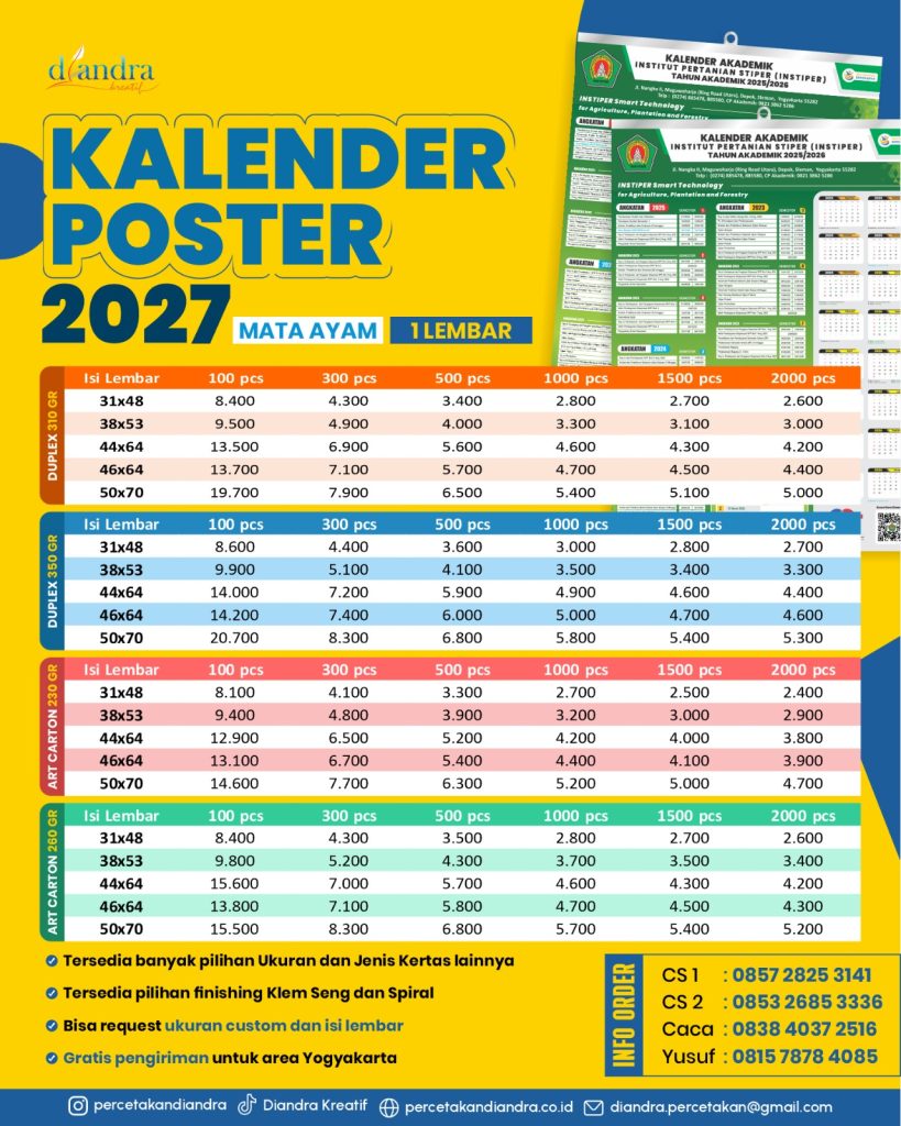 Cetak Kalender Dinding 2027 Berkualitas & Harga Terjangkau di Percetakan Diandra